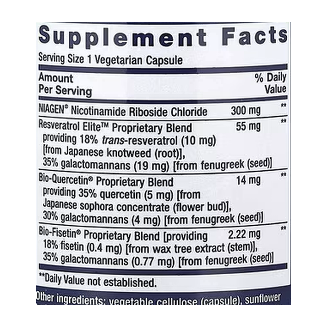 Life Extension, NAD+ Cell Regenerator™ and Resveratrol Elite™, 30 Vegetarian Capsules supplement facts label showing ingredients, vitamins, minerals, and serving information