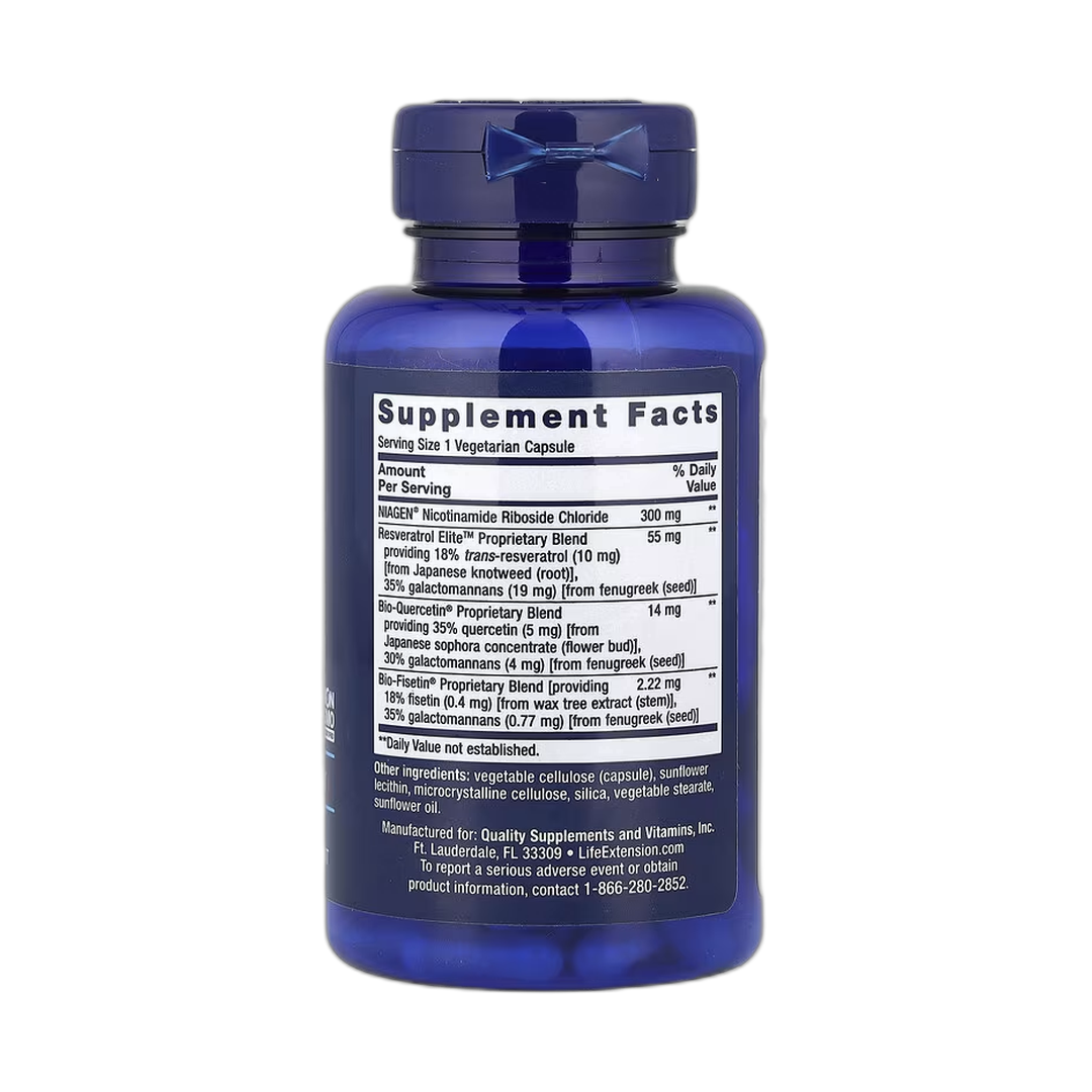 Life Extension, NAD+ Cell Regenerator and Resveratrol Elite, 30 Vegetarian Capsules back packaging view