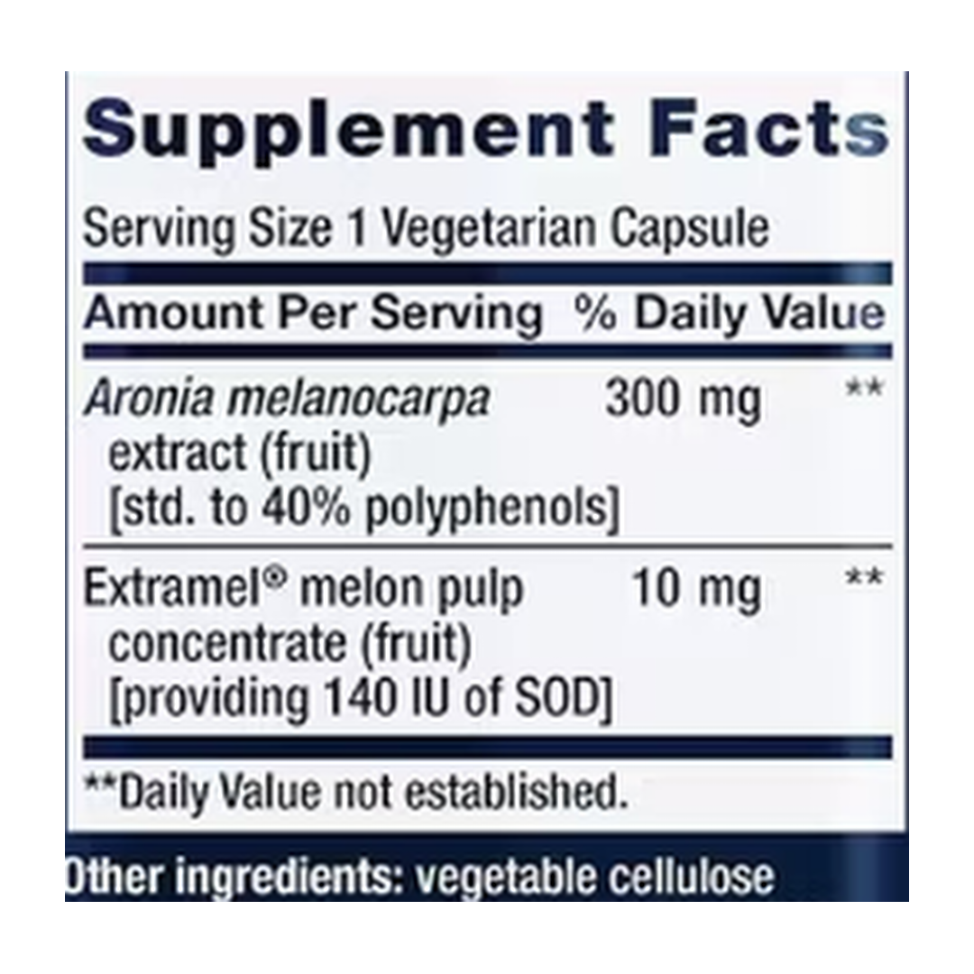 Life Extension, SOD Booster, 30 Vegetarian Capsules supplement facts label showing ingredients, vitamins, minerals, and serving information