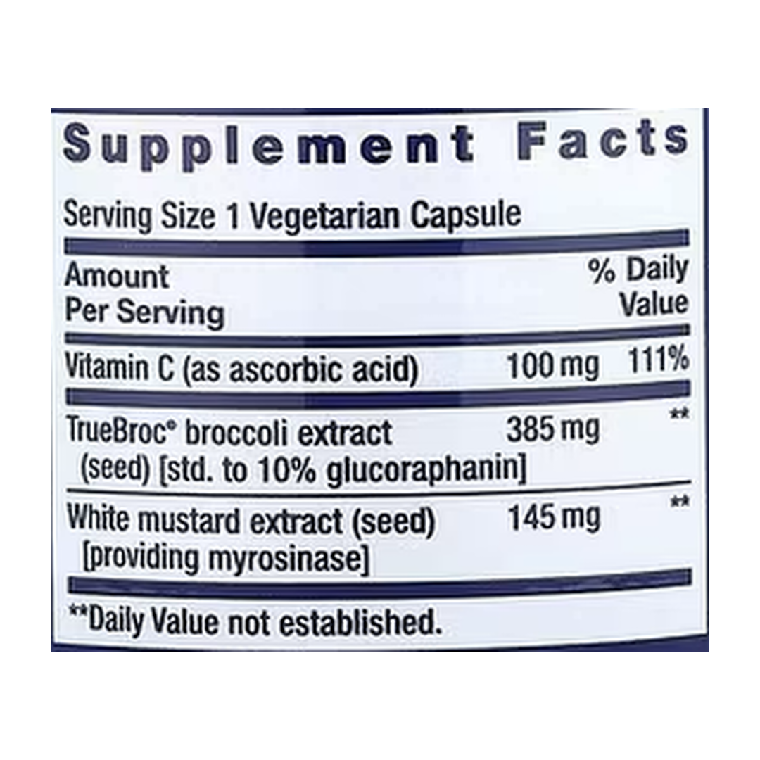 Life Extension, Optimized Broccoli and Myrosinase, 30 Vegetarian Capsules supplement facts label showing ingredients, vitamins, minerals, and serving information