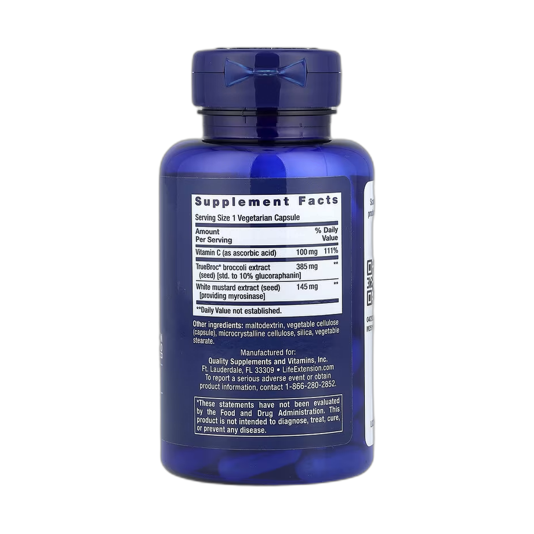 Life Extension, Optimized Broccoli and Myrosinase, 30 Vegetarian Capsules back packaging view