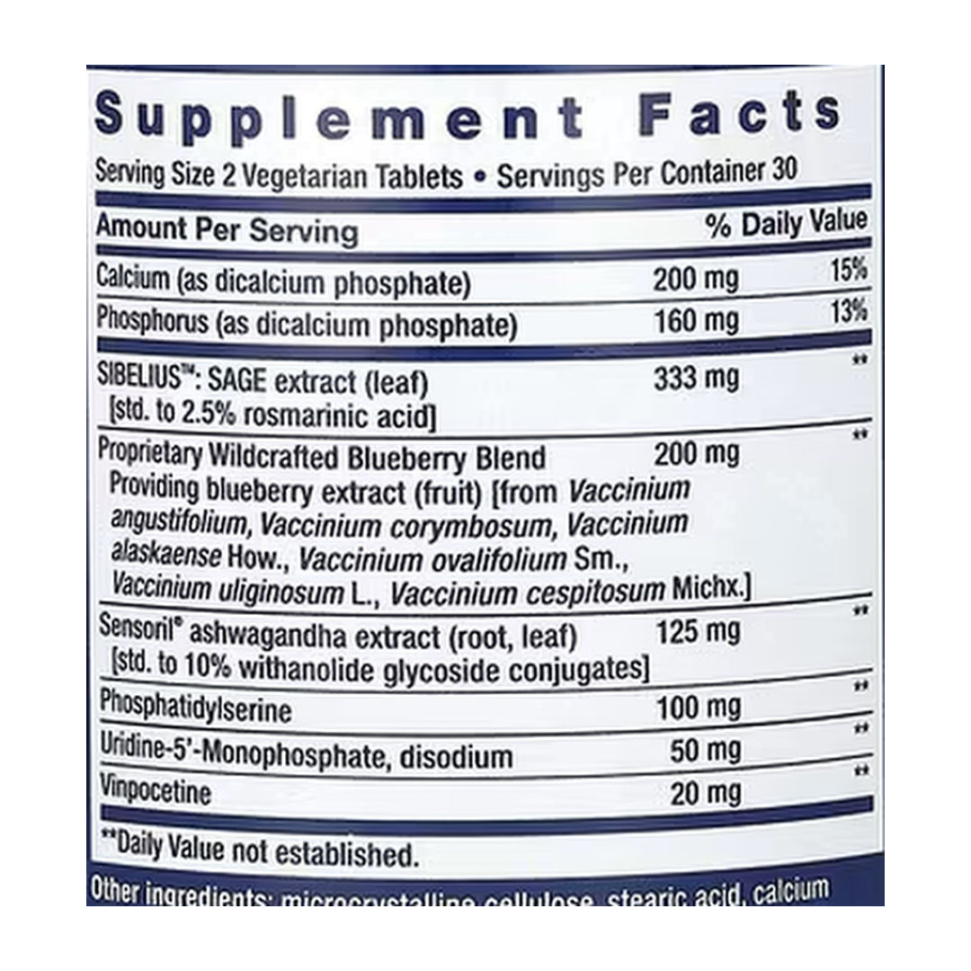 Life Extension, Cognitex Elite, 60 Vegetarian Tablets supplement facts label showing ingredients, vitamins, minerals, and serving information