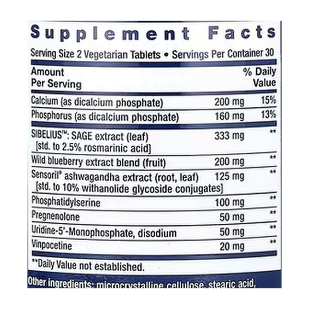 Life Extension, Cognitex Elite Pregnenolone, 60 Vegetarian Tablets supplement facts label showing ingredients, vitamins, minerals, and serving information