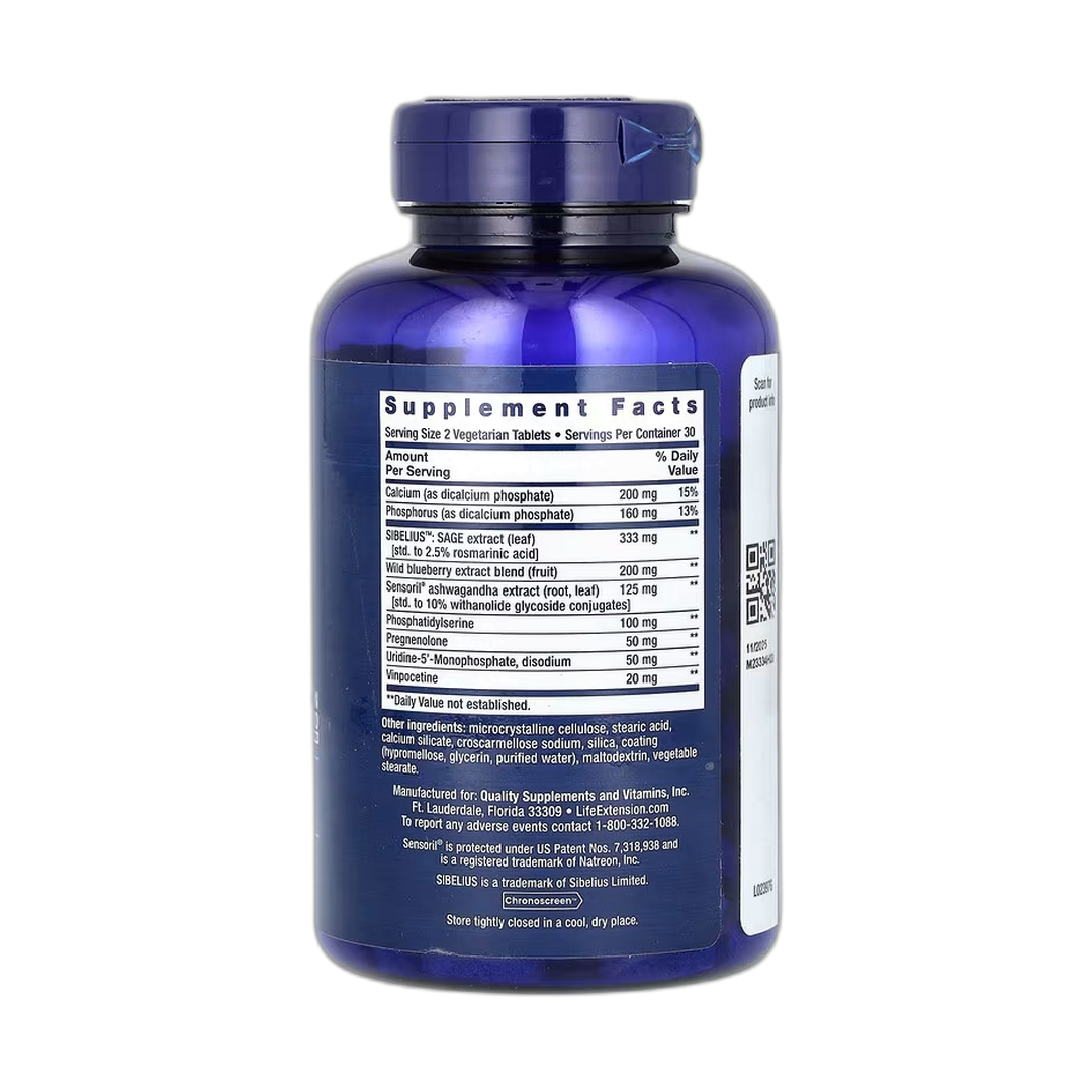 Life Extension, Cognitex Elite Pregnenolone, 60 Vegetarian Tablets back packaging view