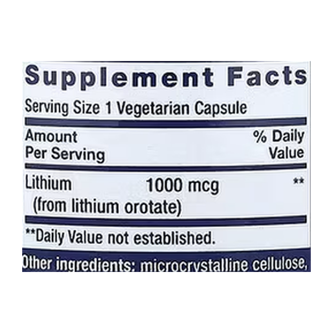 Life Extension, Lithium, 1,000 mcg, 100 Vegetarian Capsules supplement facts label showing ingredients, vitamins, minerals, and serving information