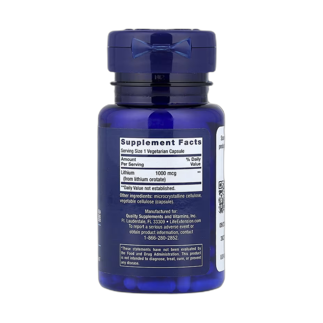 Life Extension, Lithium, 1,000 mcg, 100 Vegetarian Capsules back packaging view