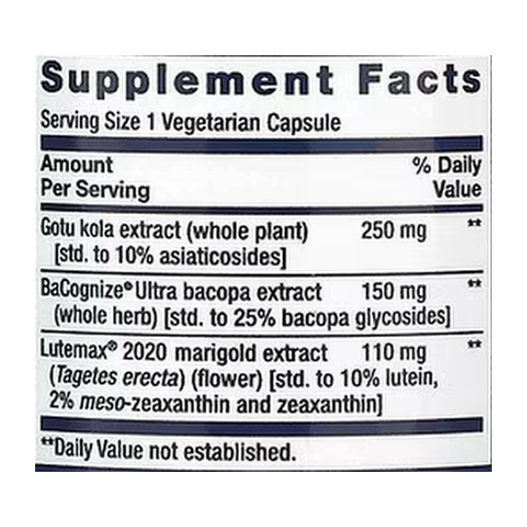Life Extension, Quick Brain Nootropic, 30 Vegetarian Capsules supplement facts label showing ingredients, vitamins, minerals, and serving information