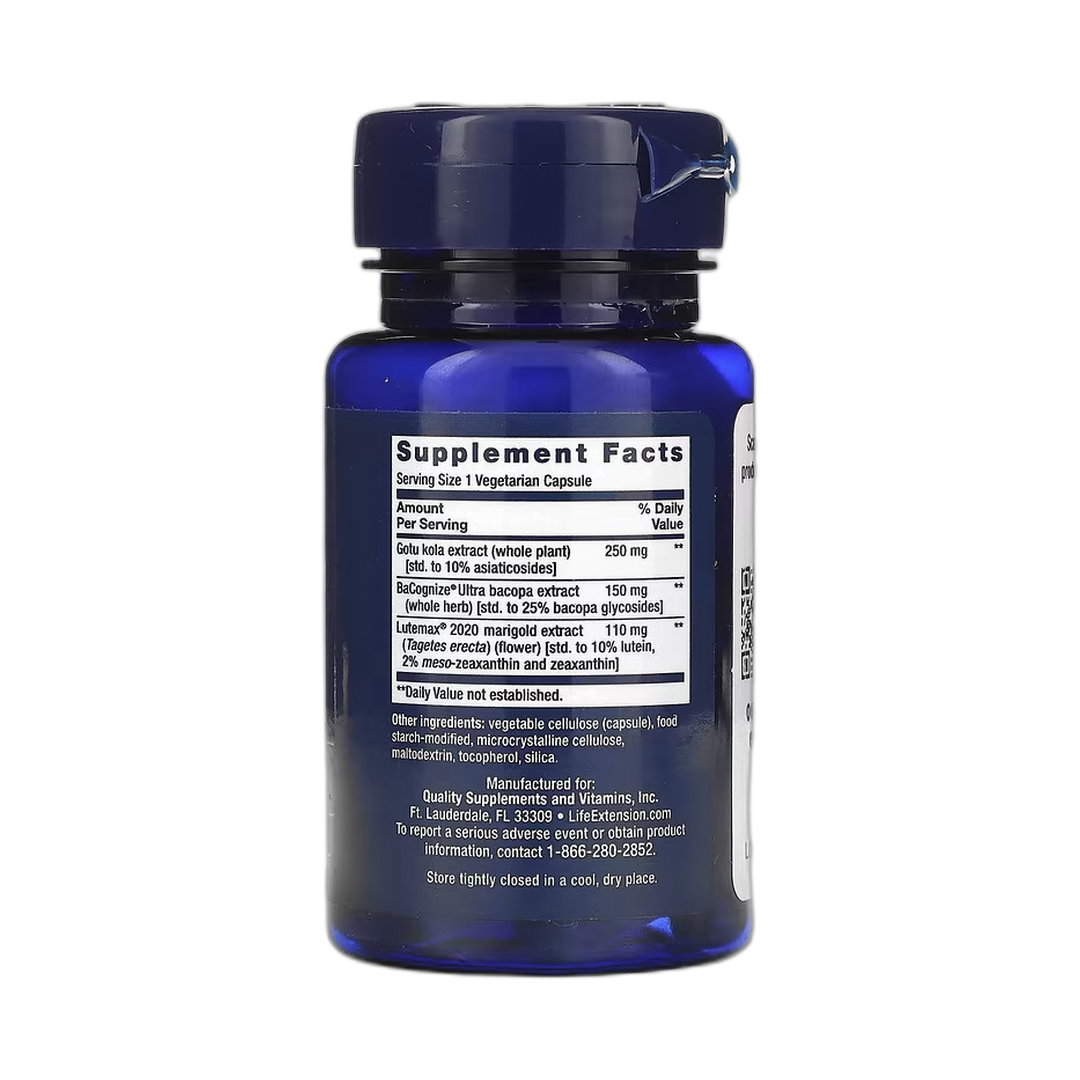 Life Extension, Quick Brain Nootropic, 30 Vegetarian Capsules back packaging view