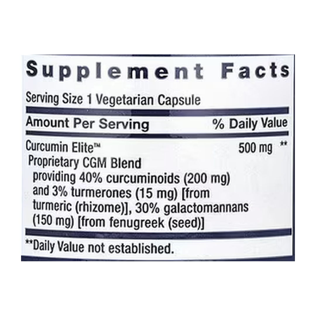 Life Extension, Curcumin Elite, Turmeric Extract, 60 Vegetarian Capsules supplement facts label showing ingredients, vitamins, minerals, and serving information