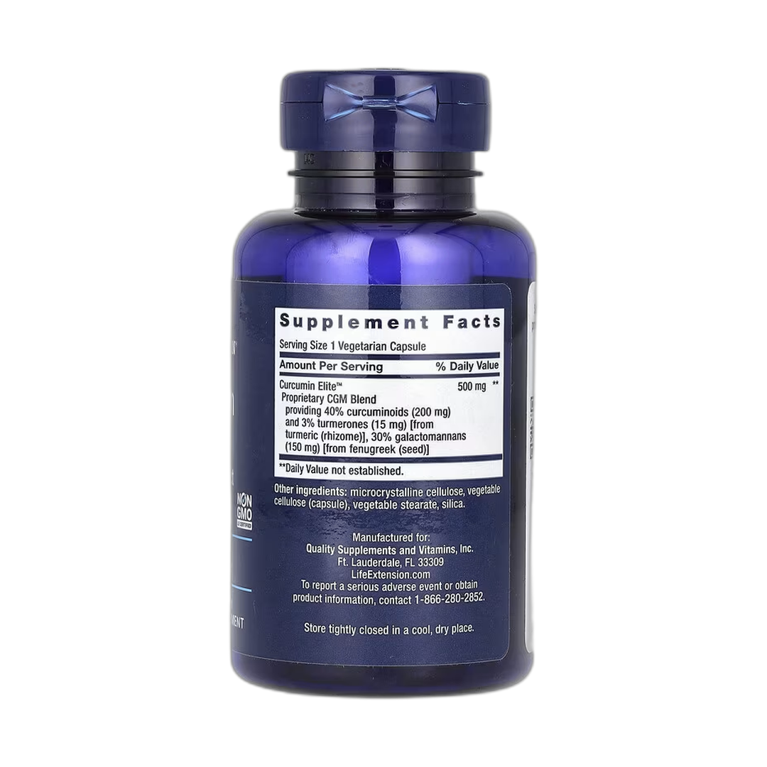 Life Extension, Curcumin Elite, Turmeric Extract, 60 Vegetarian Capsules back packaging view