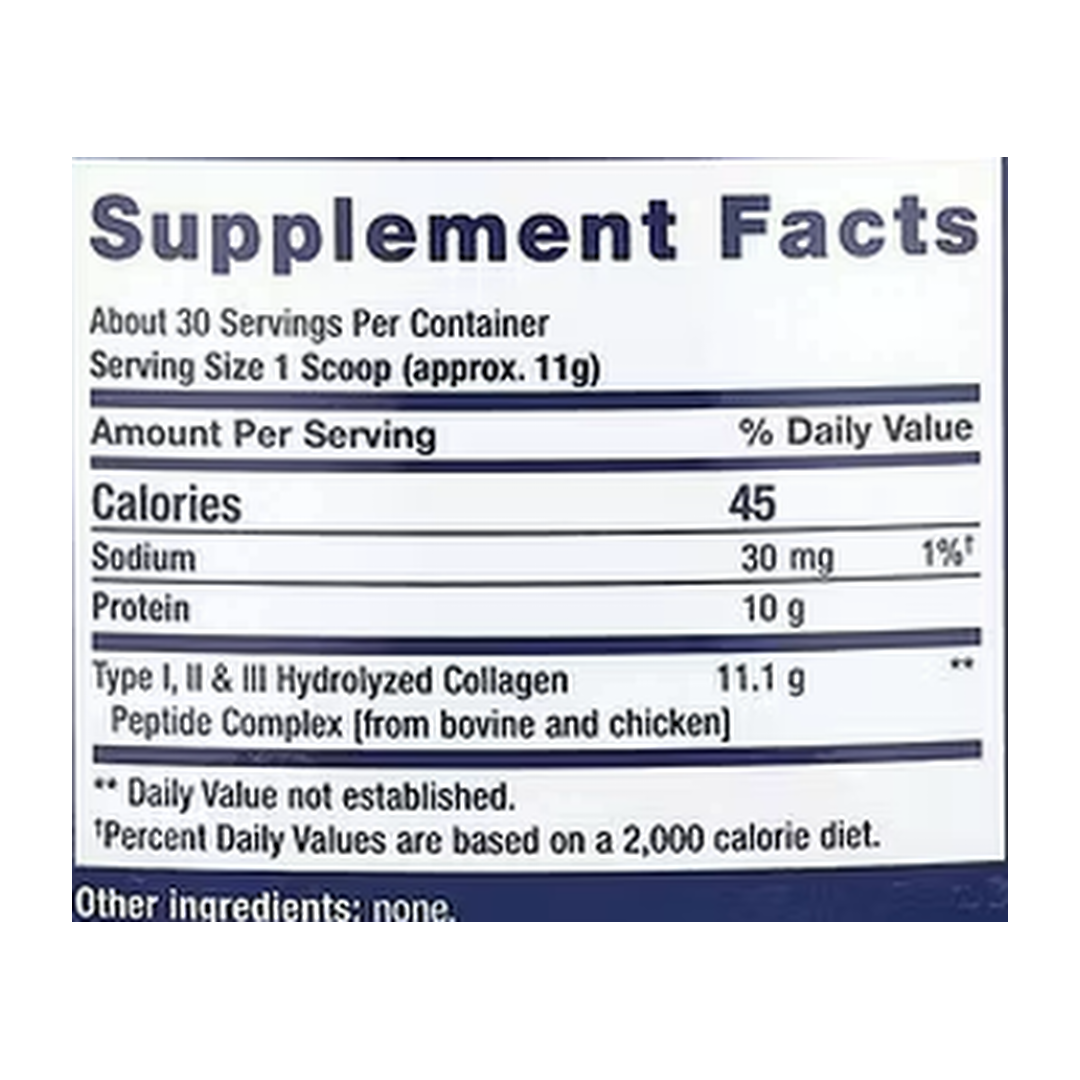 Life Extension, Collagen Peptides For Skin & Joints, 12 oz, 343 g supplement facts label showing ingredients, vitamins, minerals, and serving information