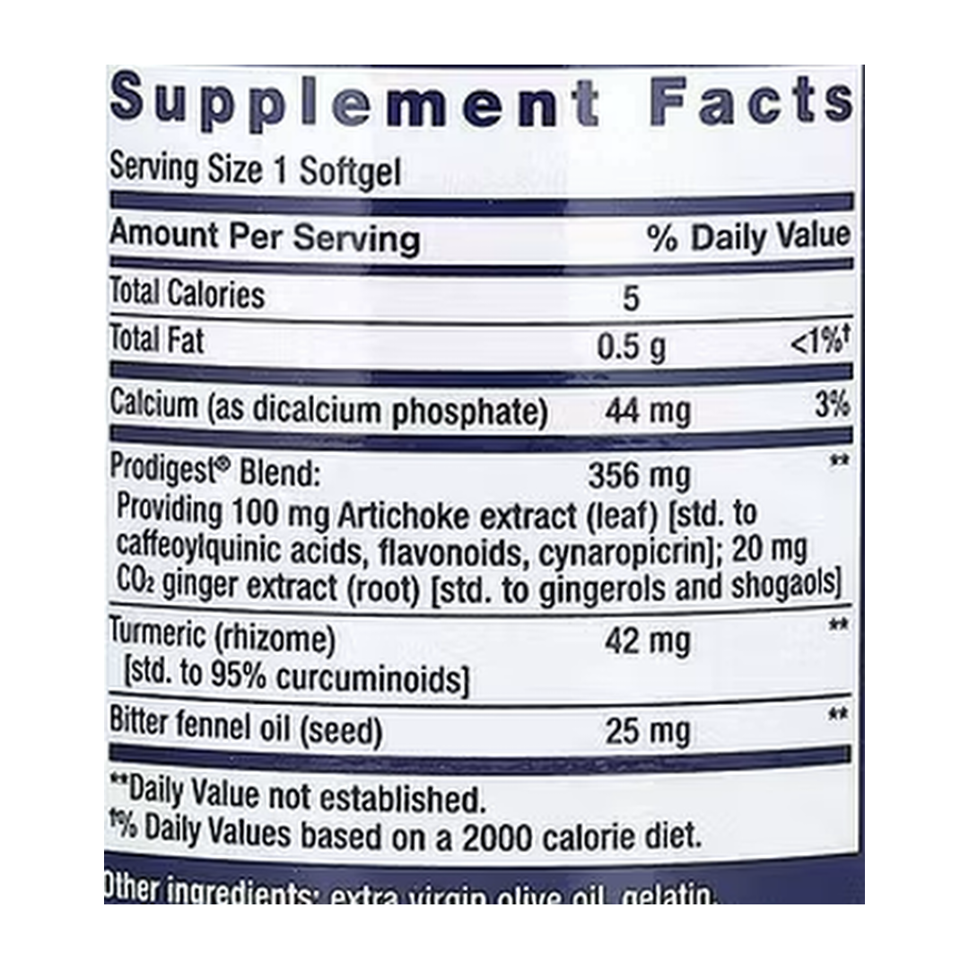Life Extension, Bloat Relief, 60 Softgels supplement facts label showing ingredients, vitamins, minerals, and serving information