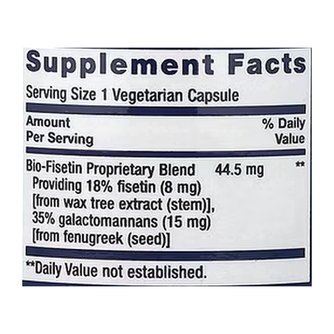 Life Extension, Bio-Fisetin, 30 Vegetarian Capsules supplement facts label showing ingredients, vitamins, minerals, and serving information