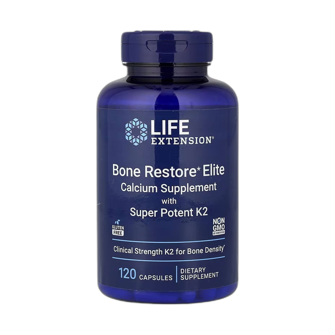 Life Extension, Bone Restore Elite, Calcium Supplement with Super Potent K2, 120 Capsules front packaging view