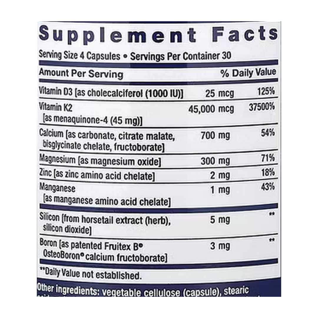Life Extension, Bone Restore Elite, Calcium Supplement with Super Potent K2, 120 Capsules supplement facts label showing ingredients, vitamins, minerals, and serving information