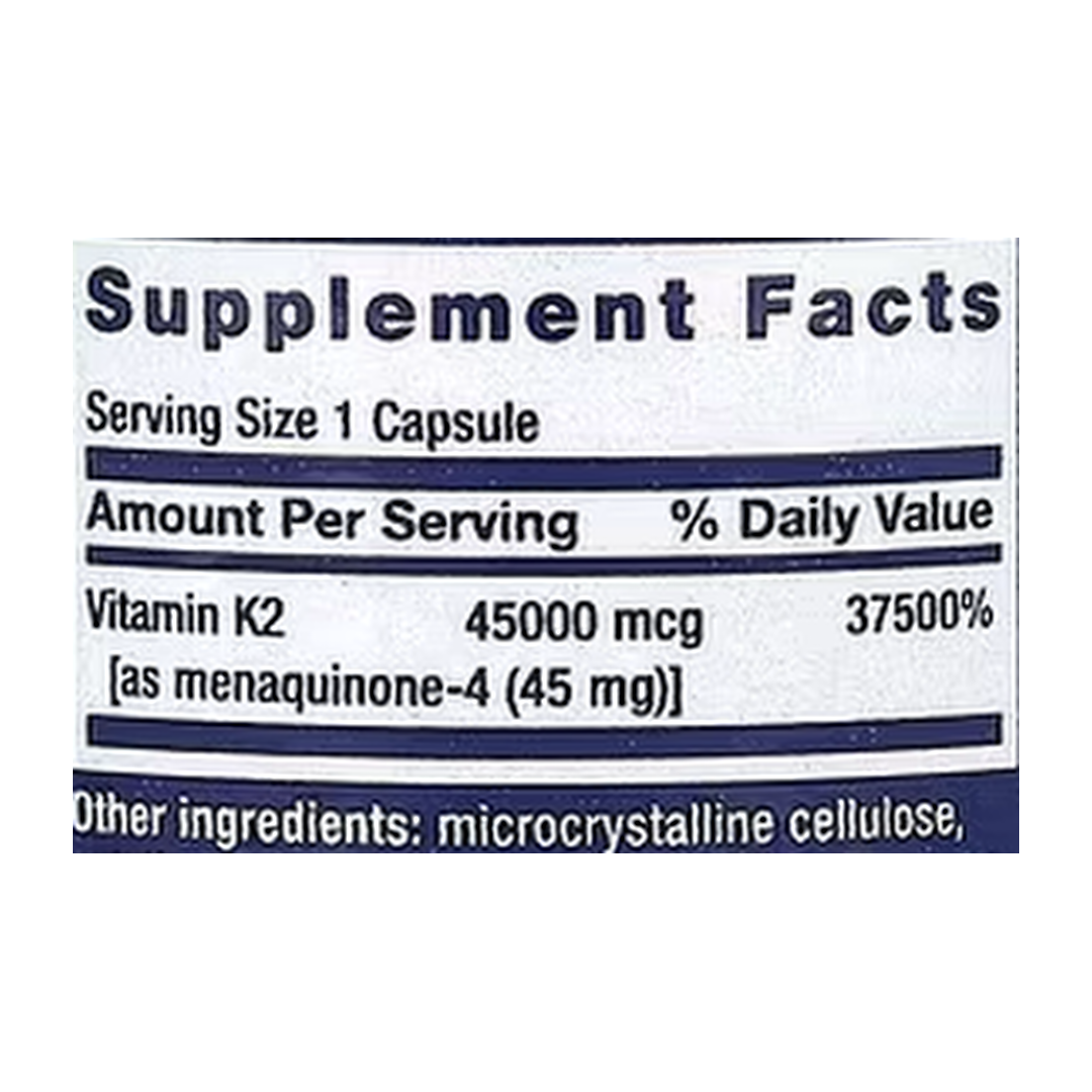 Life Extension, Mega Vitamin K2, 45,000 mcg, 30 Capsules supplement facts label showing ingredients, vitamins, minerals, and serving information