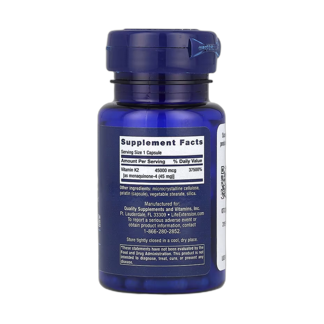 Life Extension, Mega Vitamin K2, 45,000 mcg, 30 Capsules back packaging view