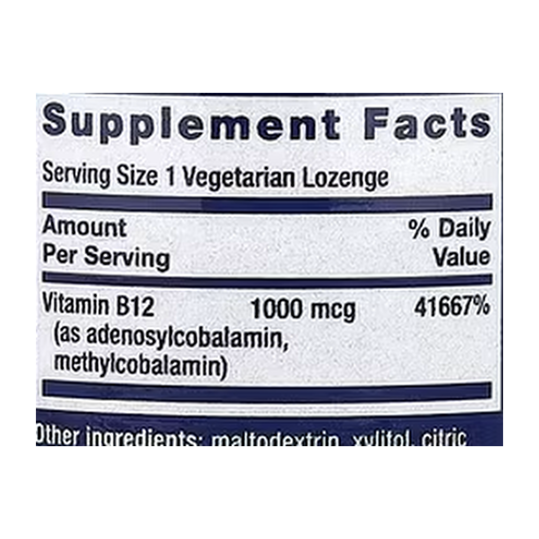 Life Extension, B12 Elite, 60 Vegetarian Lozenges supplement facts label showing ingredients, vitamins, minerals, and serving information