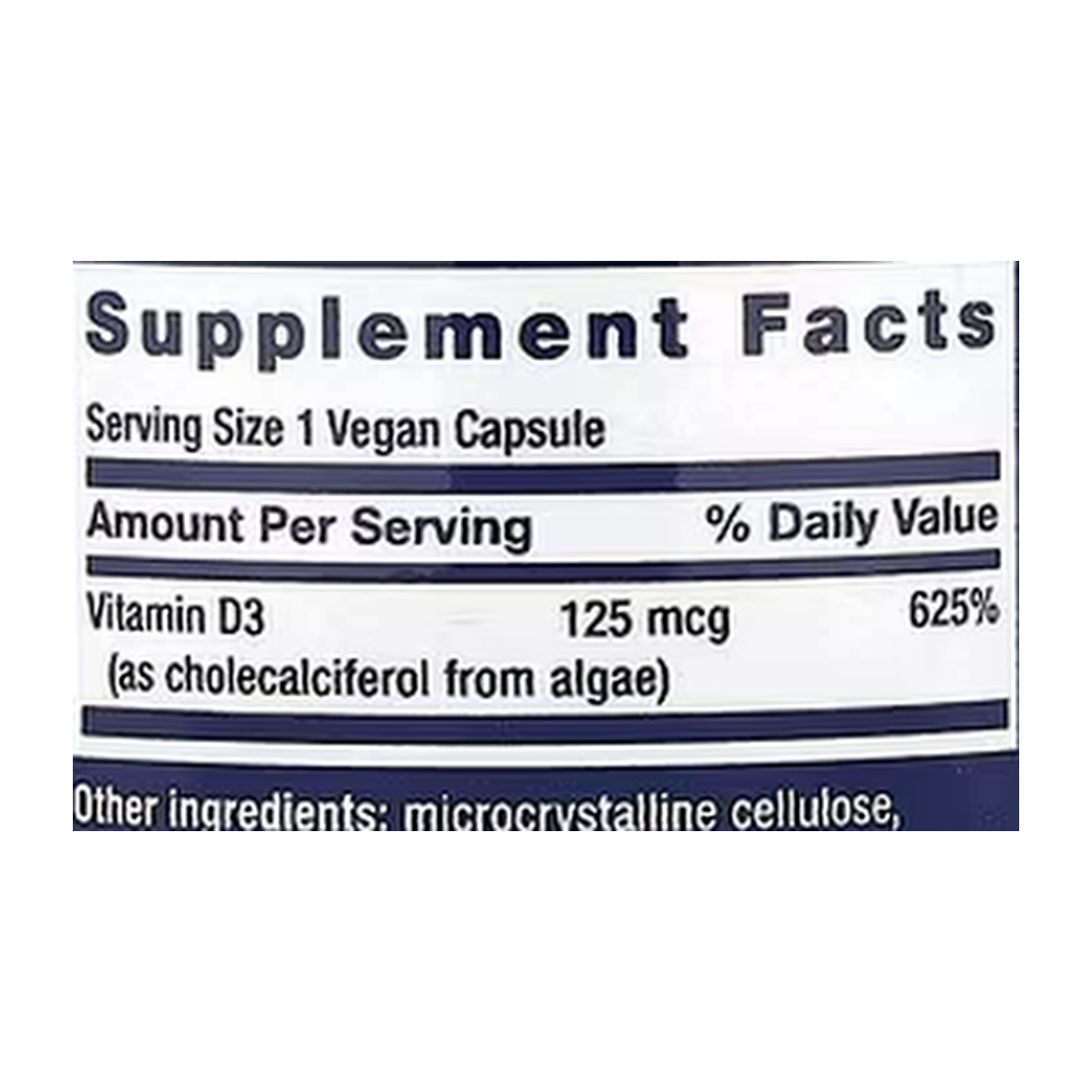 Life Extension, Vegan Vitamin D3, 125 mcg (5000 IU), 60 Vegan Capsules supplement facts label showing ingredients, vitamins, minerals, and serving information