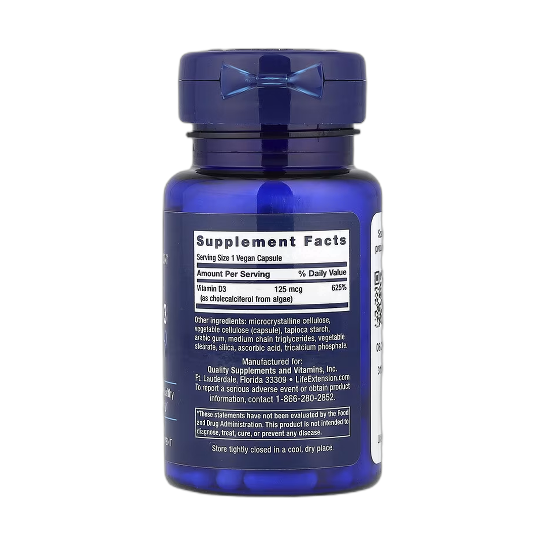 Life Extension, Vegan Vitamin D3, 125 mcg (5000 IU), 60 Vegan Capsules back packaging view