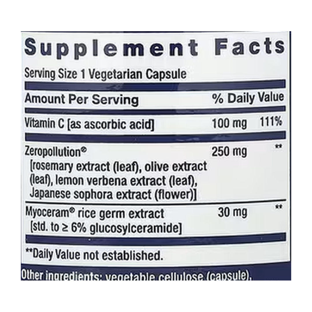 Life Extension, Daily Skin Defense, 30 Vegetarian Capsules supplement facts label showing ingredients, vitamins, minerals, and serving information