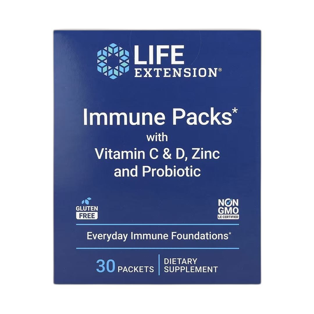 Life Extension, Immune Packs with Vitamin C & D, Zinc and Probiotic, 30 Packets front packaging view