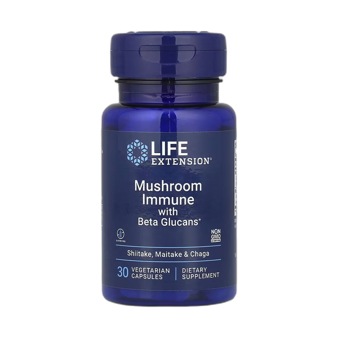 Life Extension, Mushroom Immune with Beta Glucans, 30 Vegetarian Capsules front packaging view