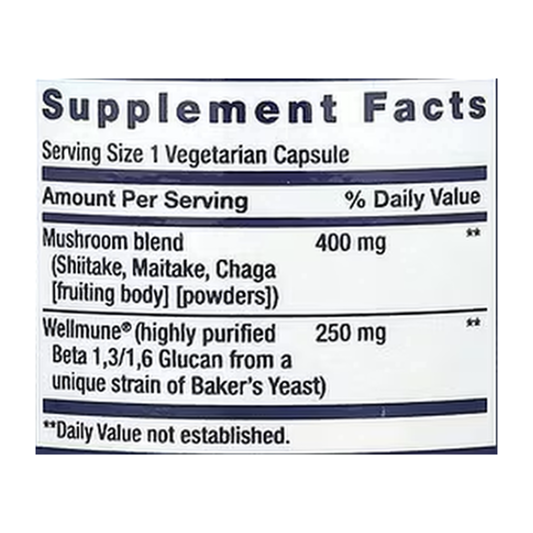 Life Extension, Mushroom Immune with Beta Glucans, 30 Vegetarian Capsules supplement facts label showing ingredients, vitamins, minerals, and serving information
