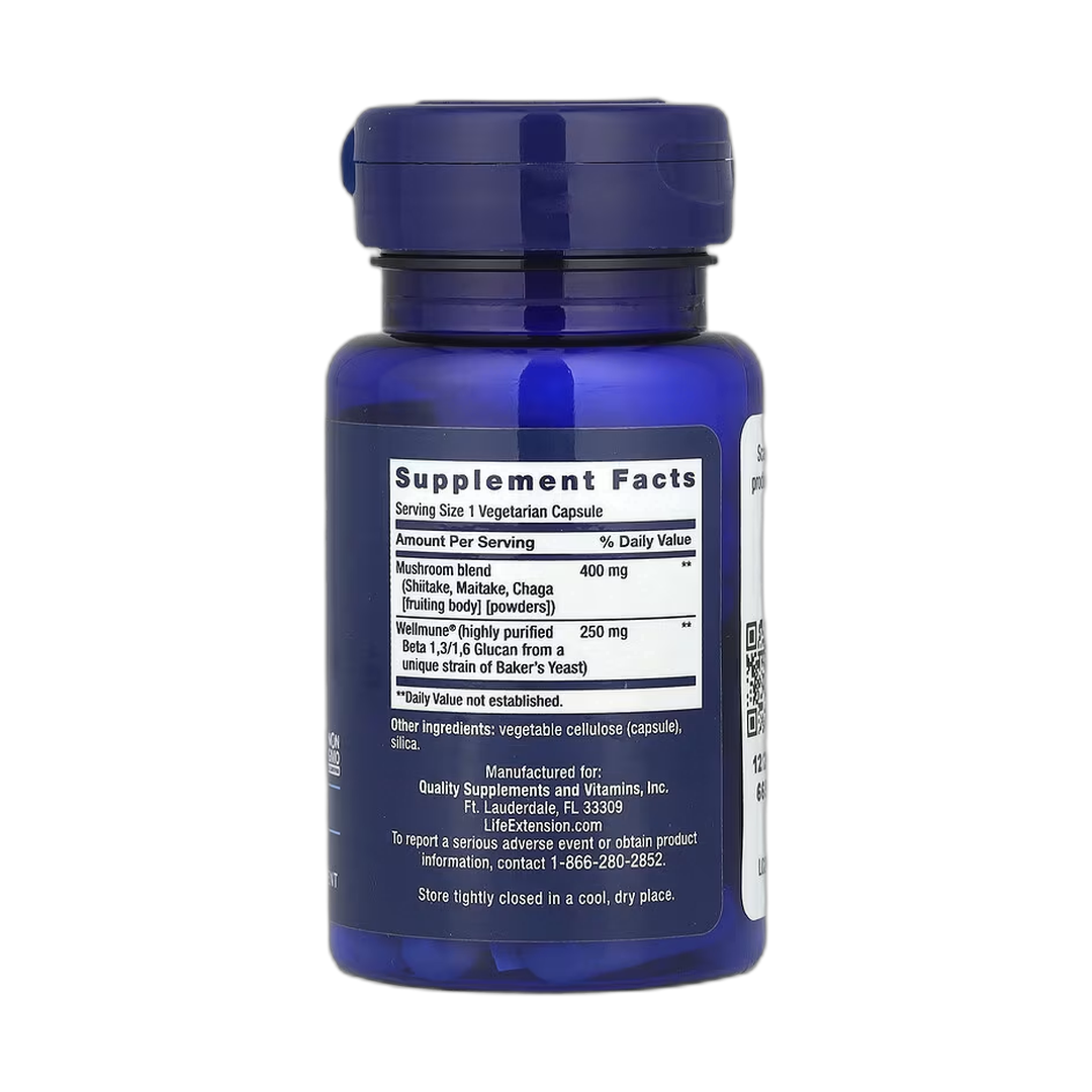 Life Extension, Mushroom Immune with Beta Glucans, 30 Vegetarian Capsules back packaging view