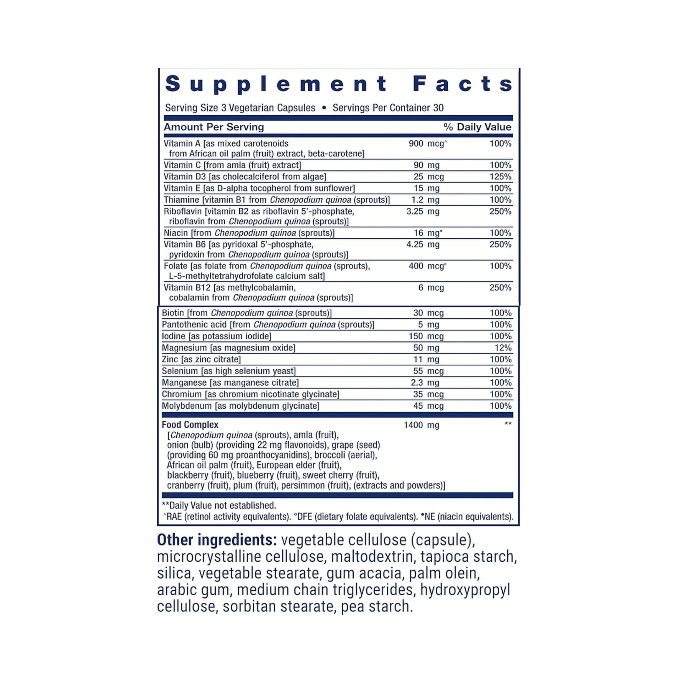 Life Extension, Whole Food Multivitamin, 90 Vegetarian Capsules supplement facts label showing ingredients, vitamins, minerals, and serving information