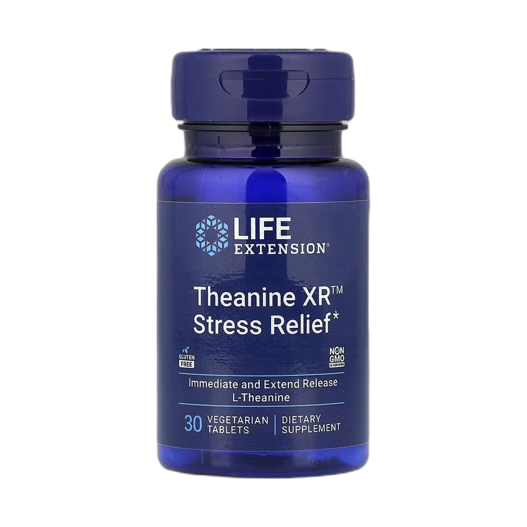 Life Extension, Theanine XR Stress Relief, 30 Vegetarian Tablets front packaging view
