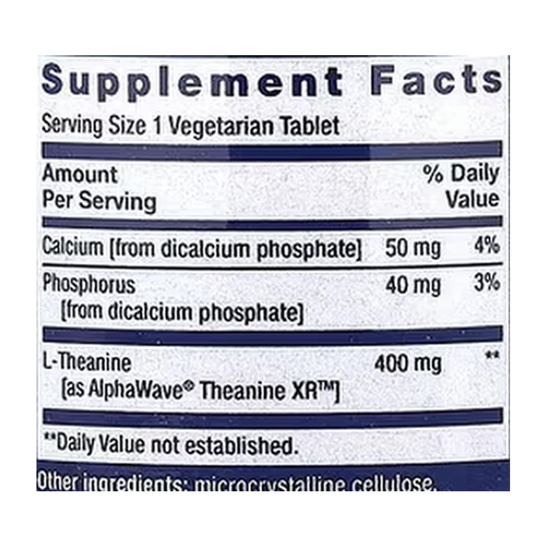 Life Extension, Theanine XR™ Stress Relief, 30 Vegetarian Tablets supplement facts label showing ingredients, vitamins, minerals, and serving information