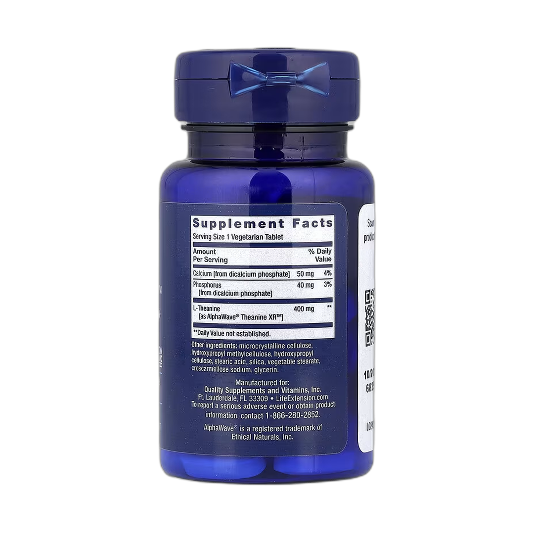 Life Extension, Theanine XR Stress Relief, 30 Vegetarian Tablets back packaging view