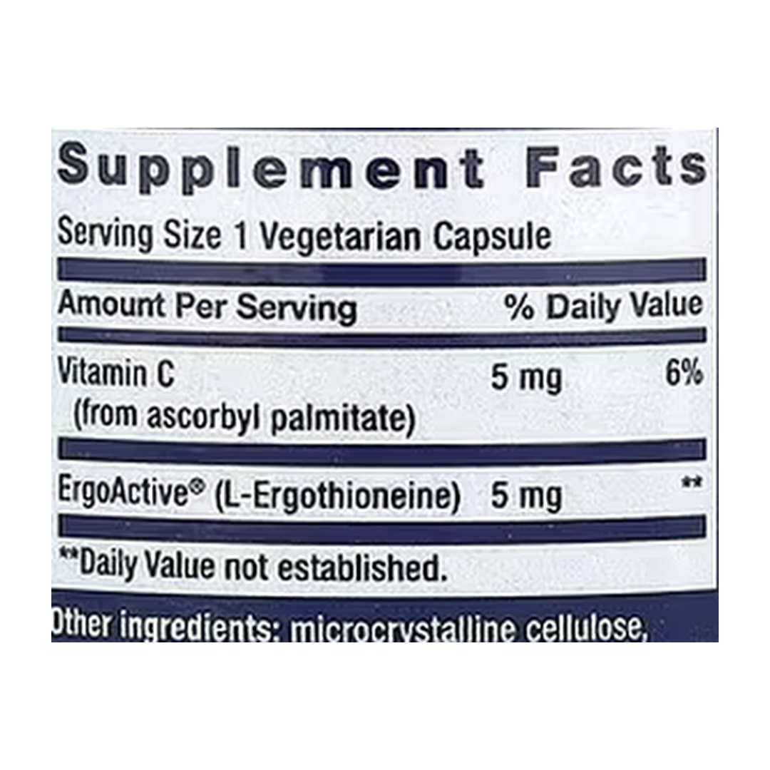 Life Extension, Essential Youth L-Ergothioneine, 5 mg, 30 Vegetarian Capsules supplement facts label showing ingredients, vitamins, minerals, and serving information