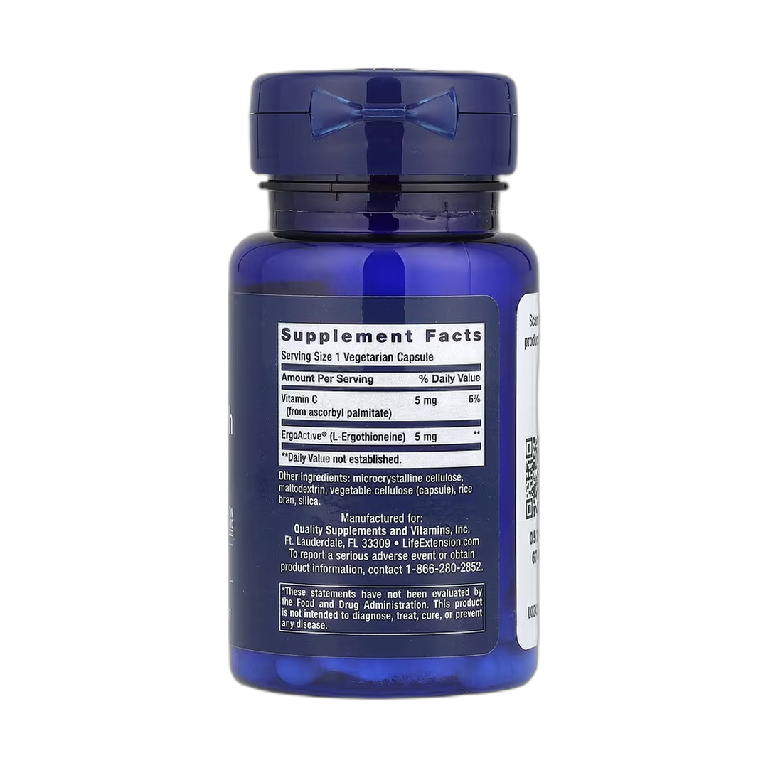 Life Extension, Essential Youth L-Ergothioneine, 5 mg, 30 Vegetarian Capsules back packaging view