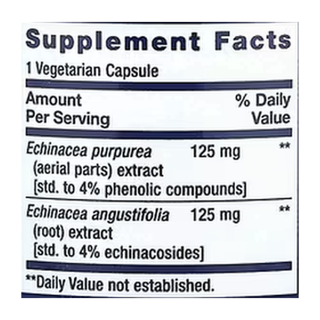 Life Extension, Echinacea Elite, 60 Vegetarian Capsules supplement facts label showing ingredients, vitamins, minerals, and serving information