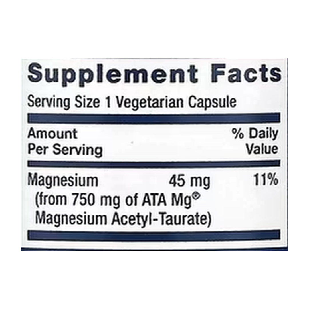 Life Extension, Calm-Mag, Magnesium Acetyl Taurinate, 30 Vegetarian Capsules supplement facts label showing ingredients, vitamins, minerals, and serving information
