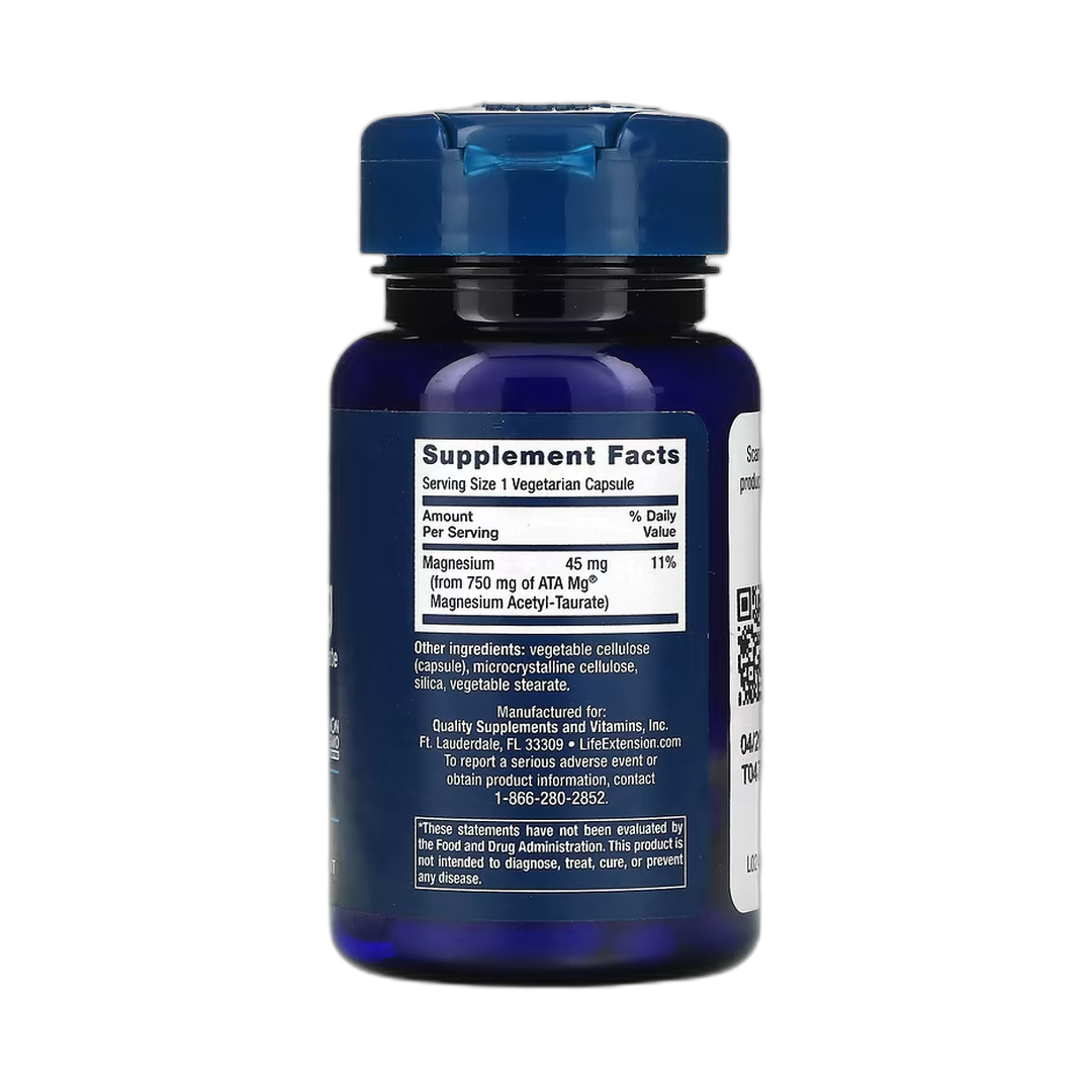 Life Extension, Calm-Mag, Magnesium Acetyl Taurinate, 30 Vegetarian Capsules back packaging view