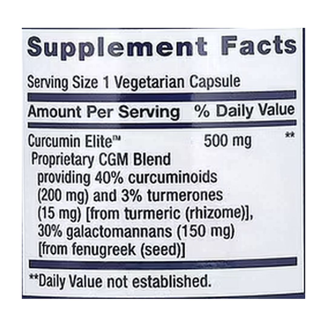 Life Extension, Curcumin Elite, Turmeric Extract, 30 Vegetarian Capsules supplement facts label showing ingredients, vitamins, minerals, and serving information