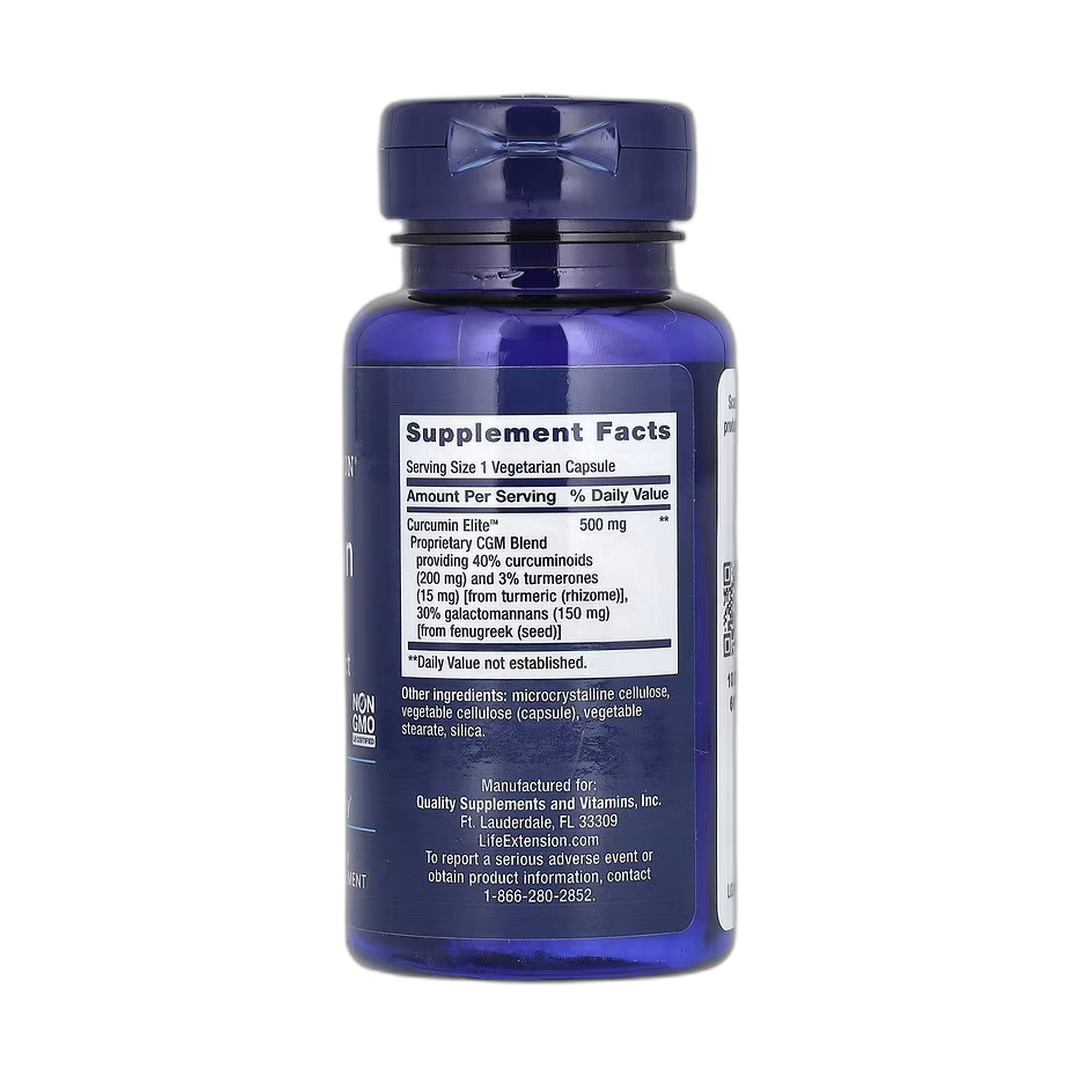 Life Extension, Curcumin Elite, Turmeric Extract, 30 Vegetarian Capsules back packaging view