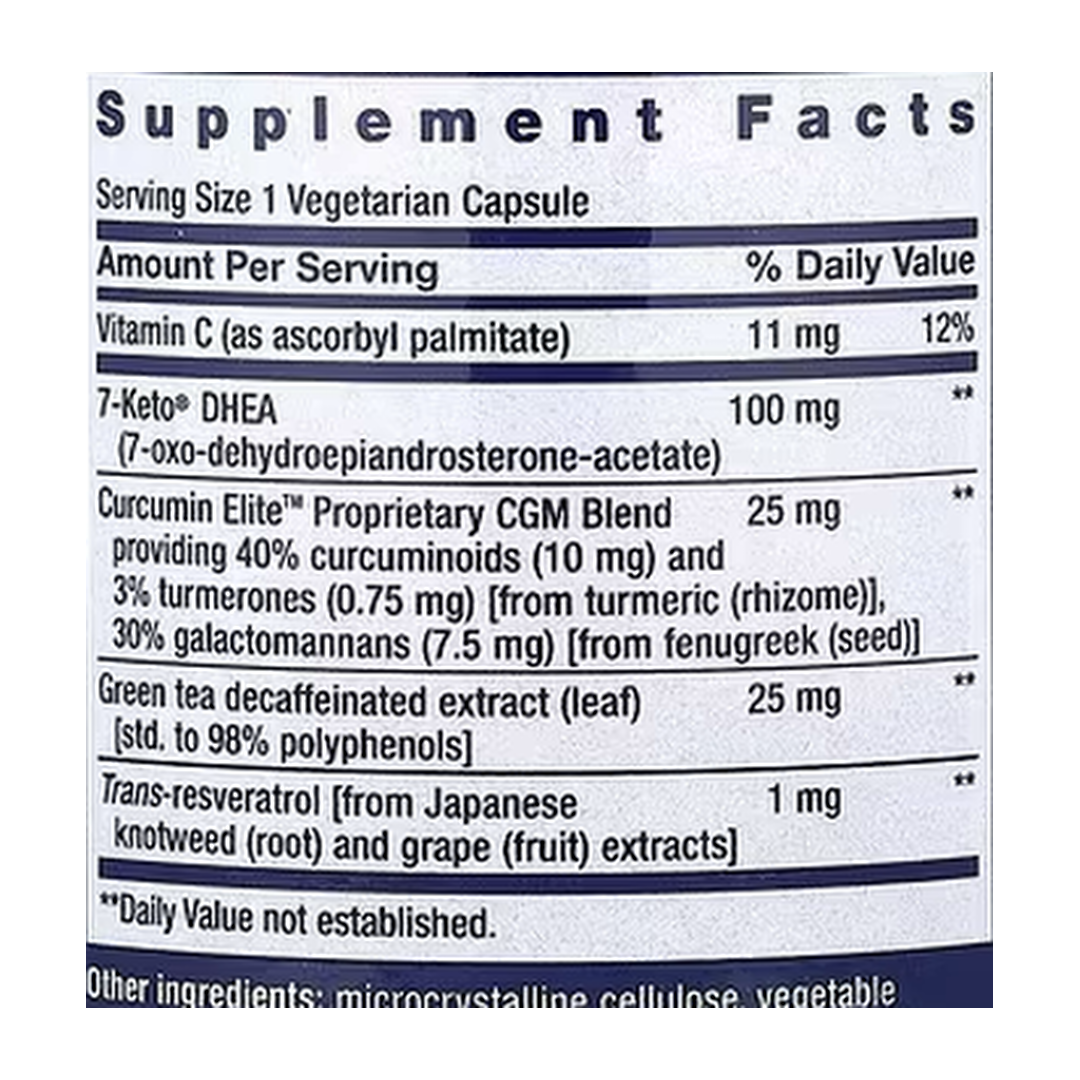 Life Extension, 7-Keto® DHEA Metabolite, 100 mg, 60 Vegetarian Capsules supplement facts label showing ingredients, vitamins, minerals, and serving information
