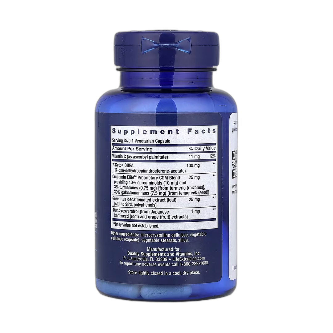 Life Extension, 7-Keto DHEA Metabolite, 100 mg, 60 Vegetarian Capsules back packaging view