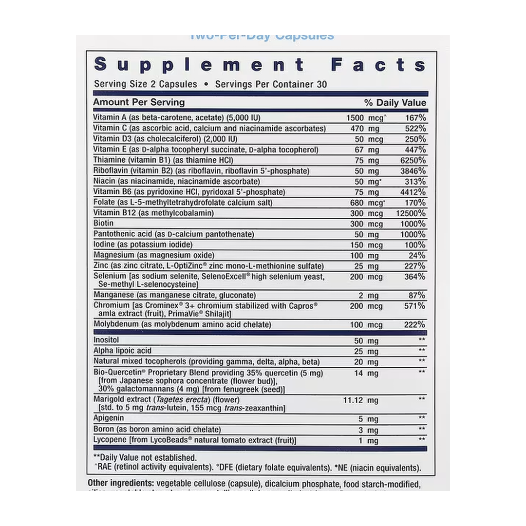 Life Extension, Comprehensive Nutrient Packs, Advanced, 30 Packets supplement facts label showing ingredients, vitamins, minerals, and serving information