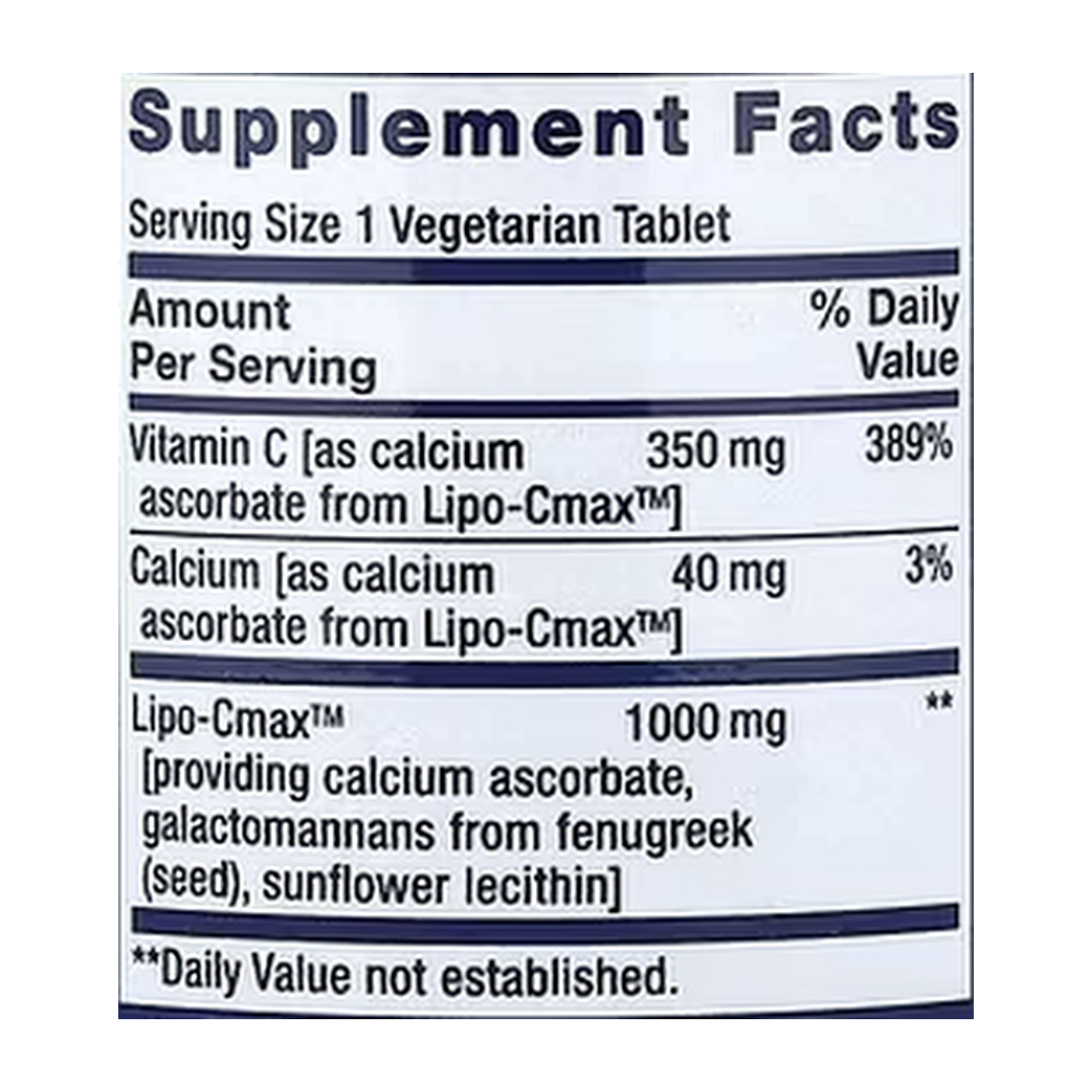 Life Extension, Vitamin C, 60 Vegetarian Tablets supplement facts label showing ingredients, vitamins, minerals, and serving information