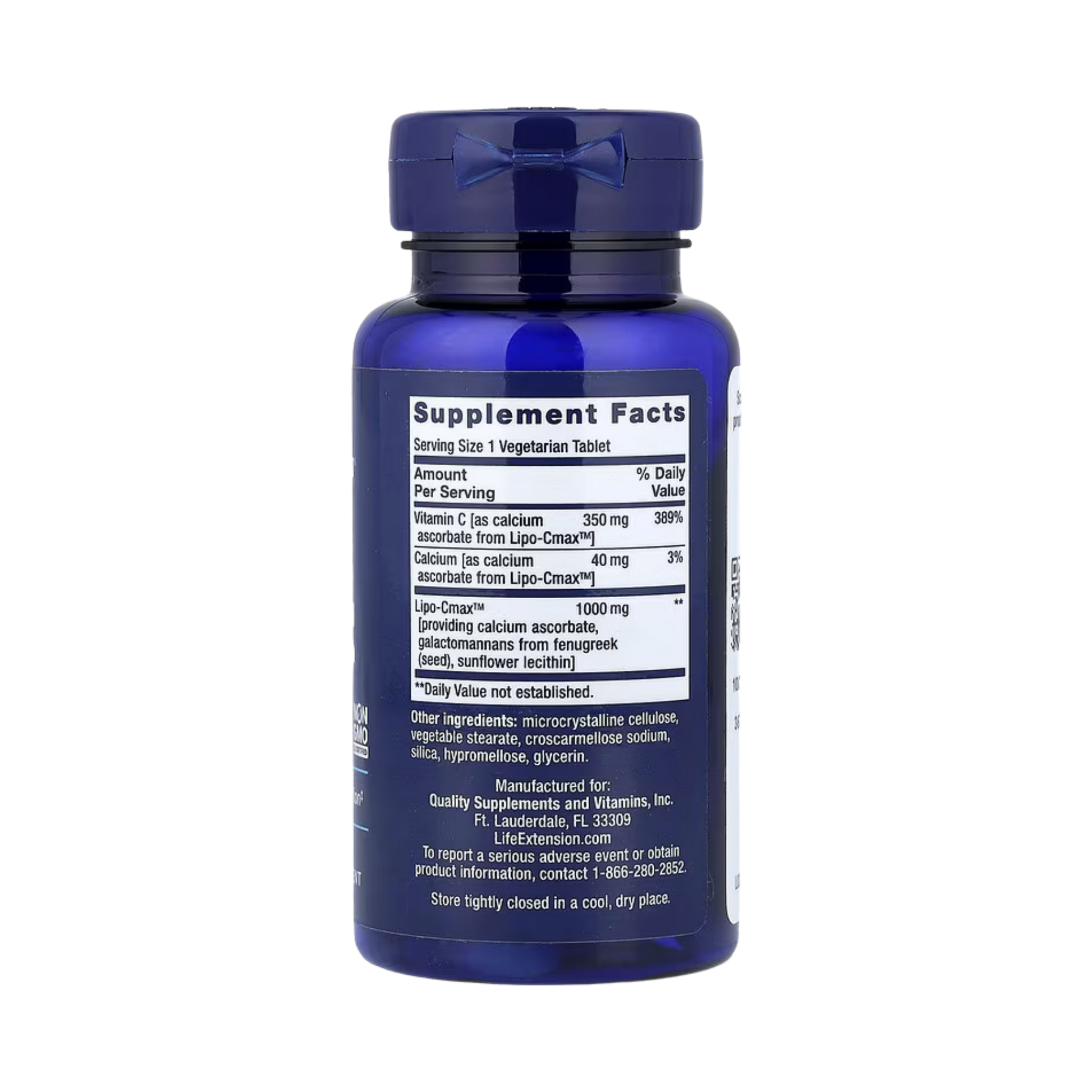 Life Extension, Vitamin C, 60 Vegetarian Tablets back packaging view