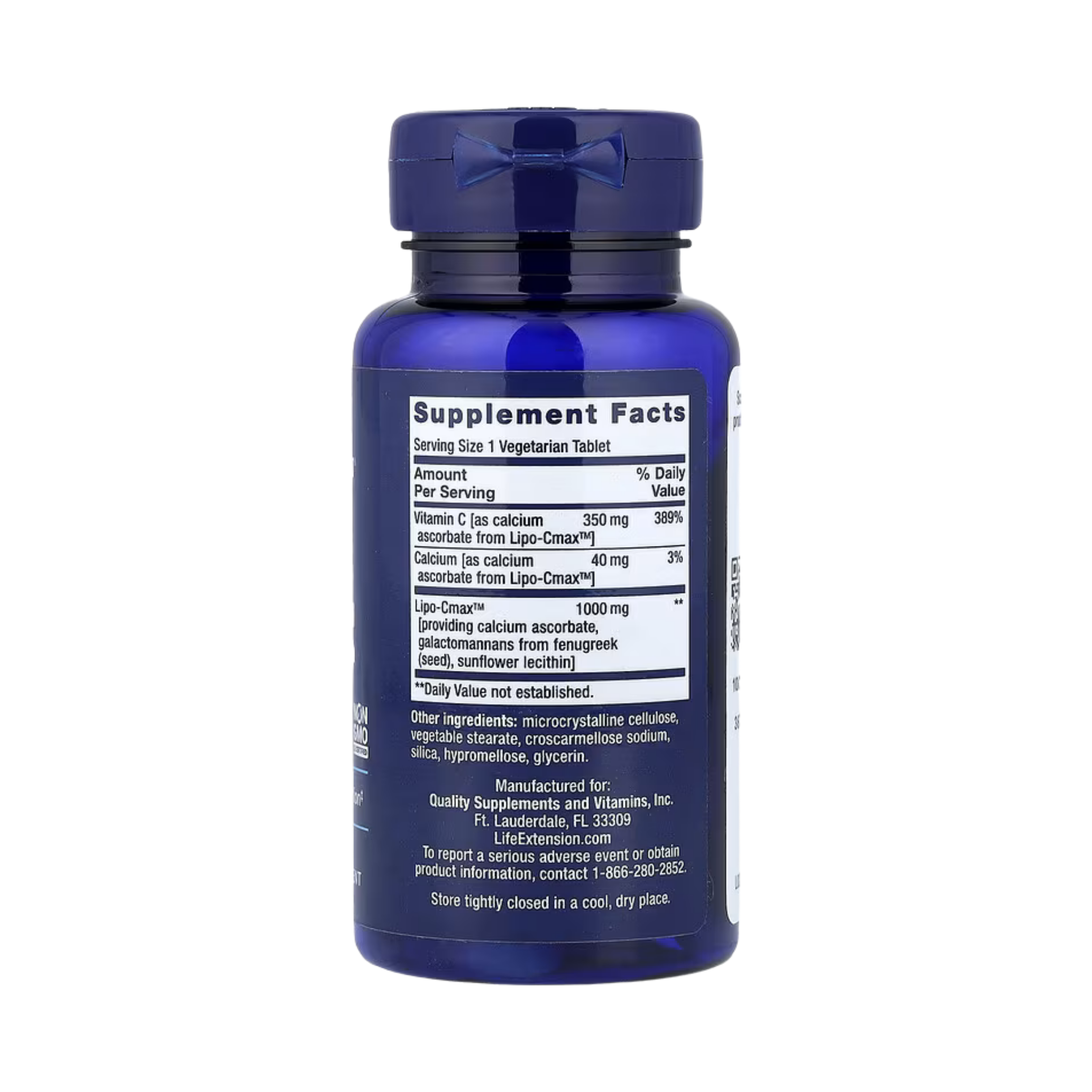 Life Extension, Vitamin C, 60 Vegetarian Tablets back packaging view