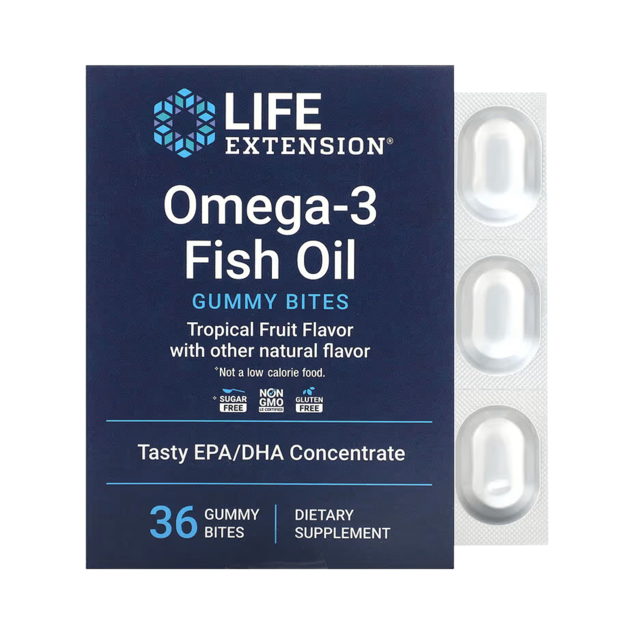 Life Extension, Omega-3 Fish Oil Gummy Bites, Tropical Fruit, 36 Gummy Bites front packaging view