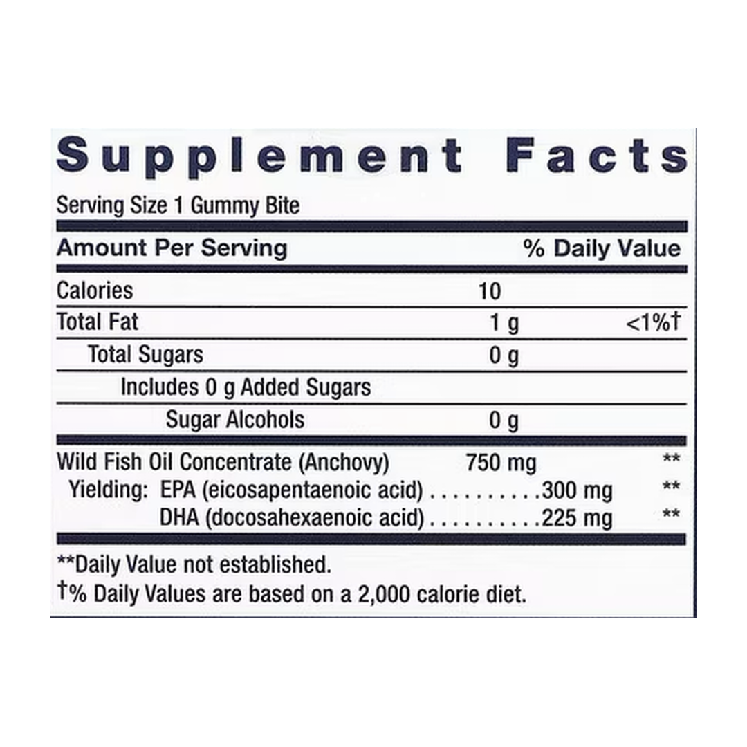 Life Extension, Omega-3 Fish Oil Gummy Bites, Tropical Fruit, 36 Gummy Bites supplement facts label showing ingredients, vitamins, minerals, and serving information