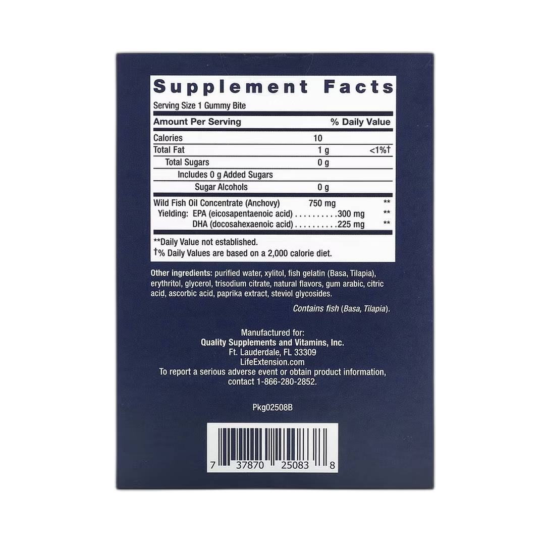Life Extension, Omega-3 Fish Oil Gummy Bites, Tropical Fruit, 36 Gummy Bites back packaging view