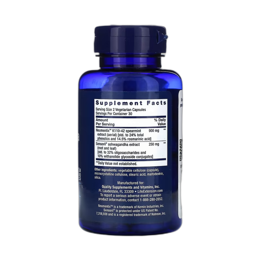 Life Extension, Ashwagandha Plus , 60 Vegetarian Capsules back packaging view